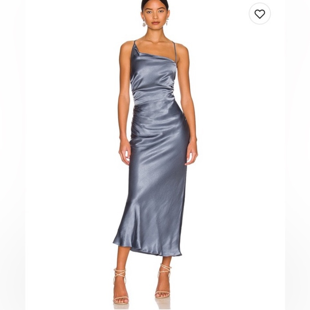 Shona Joy La Lune Asymmetrical Bias Cowl Midi Dress in Blue Smoke - size 4